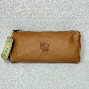 NEW TICA Brown Genuine Leather Zipper Pouch Bag Monogrammed “B” Travel Vacation